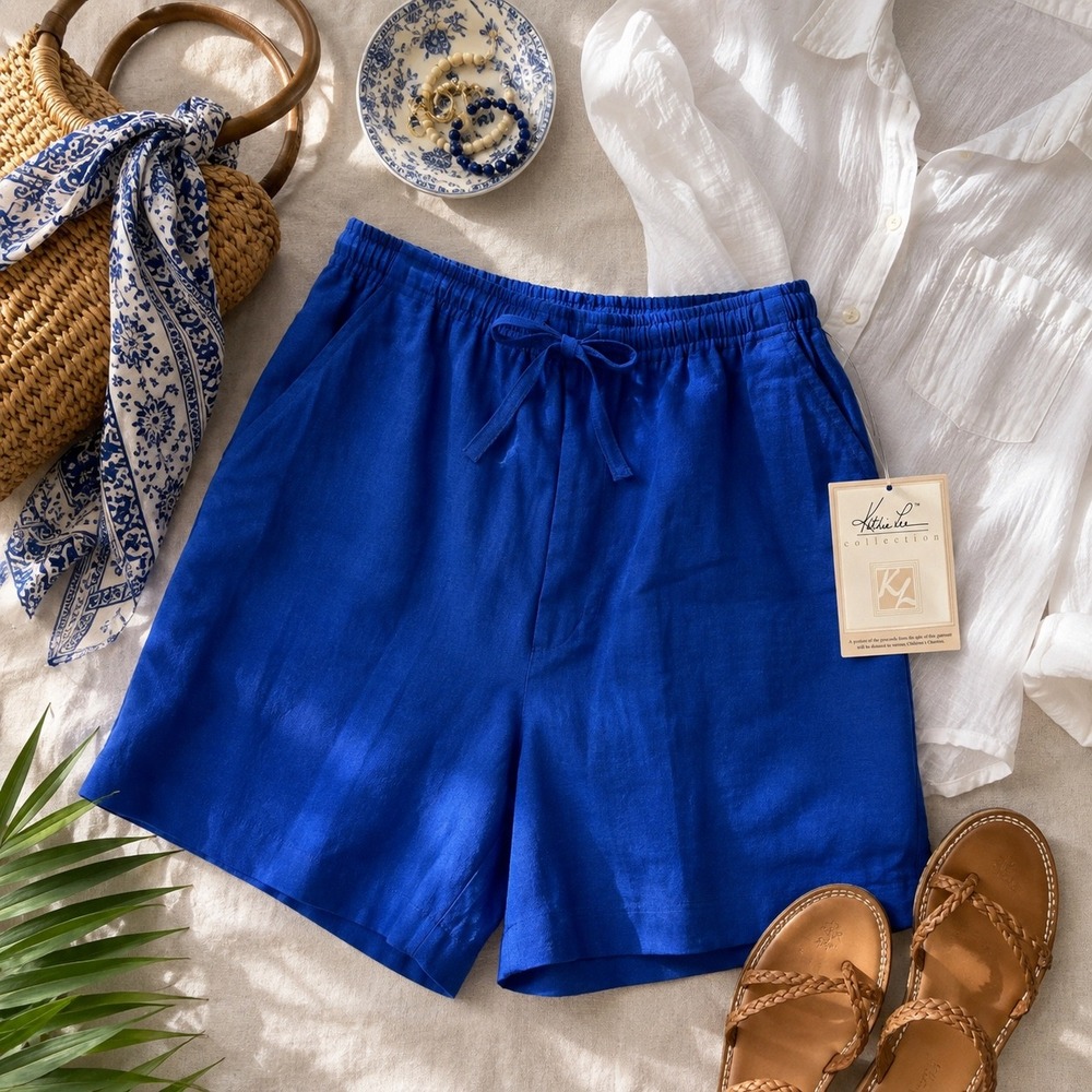 Kathie Lee vintage Womens L cobalt Blue coastal Linen Cotton Shorts Pull On NWT